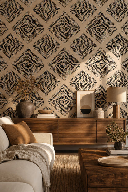 Geometrik Desenli Duvar Kağıdı Bej Siyah Modern Salon