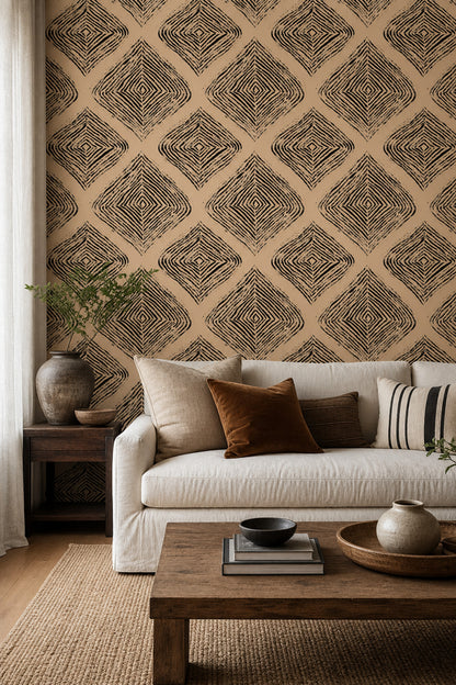 Geometrik Desenli Duvar Kağıdı Bej Siyah Modern Salon