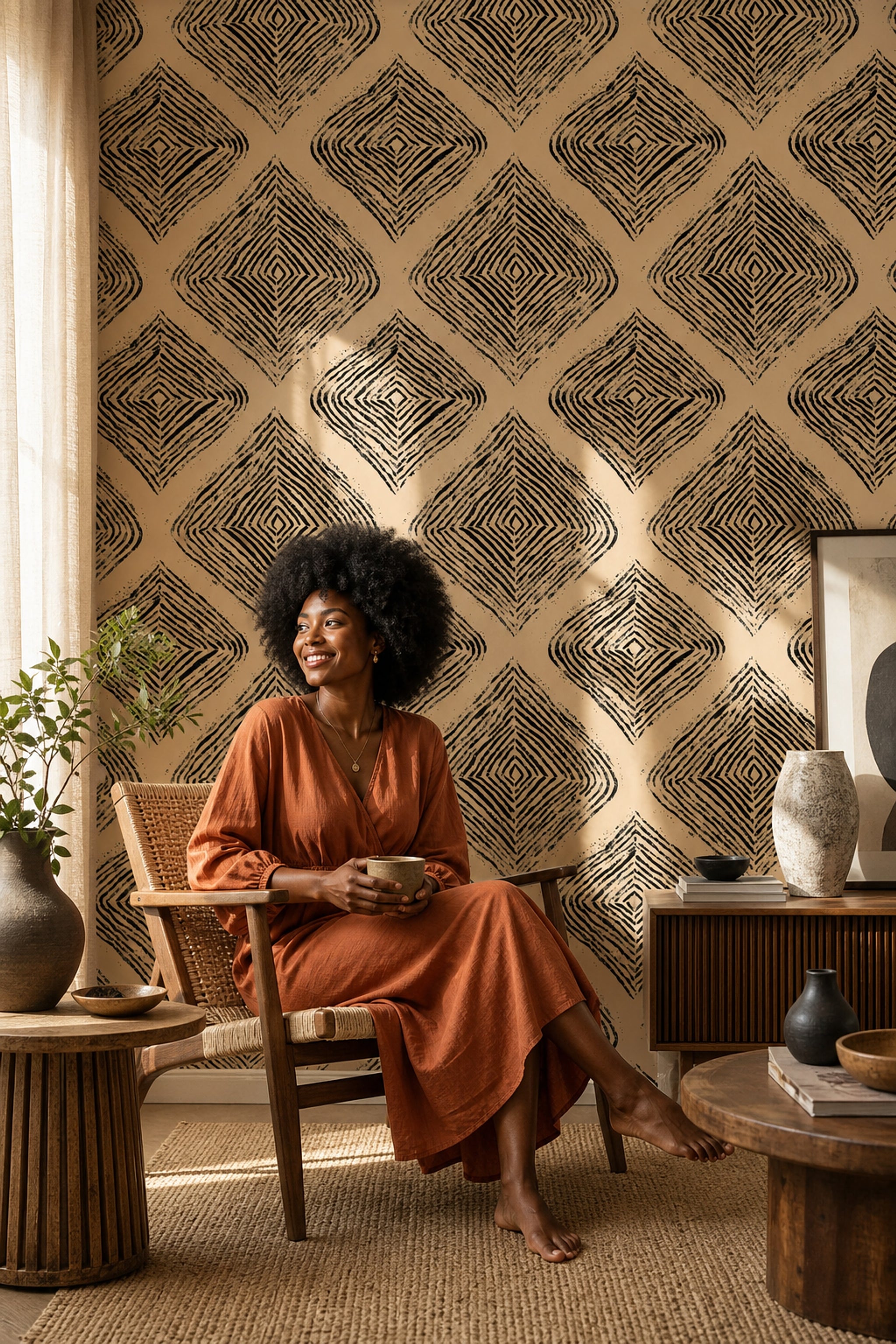 Geometrik Desenli Duvar Kağıdı Bej Siyah Modern Salon