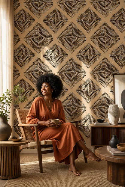 Geometrik Desenli Duvar Kağıdı Bej Siyah Modern Salon