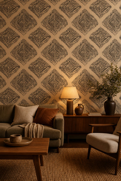 Geometrik Desenli Duvar Kağıdı Bej Siyah Modern Salon
