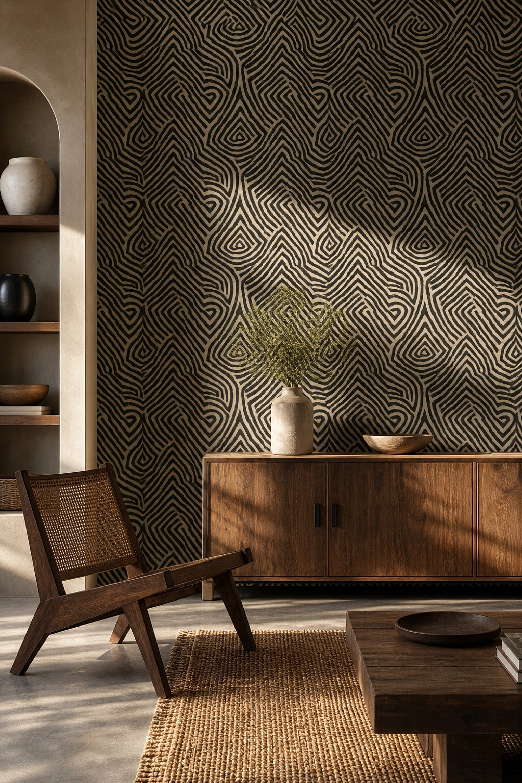 Siyah Bej Geometrik Çizgili Duvar Kağıdı Modern Salon