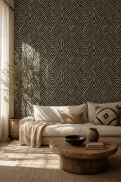 Siyah Bej Geometrik Çizgili Duvar Kağıdı Modern Salon