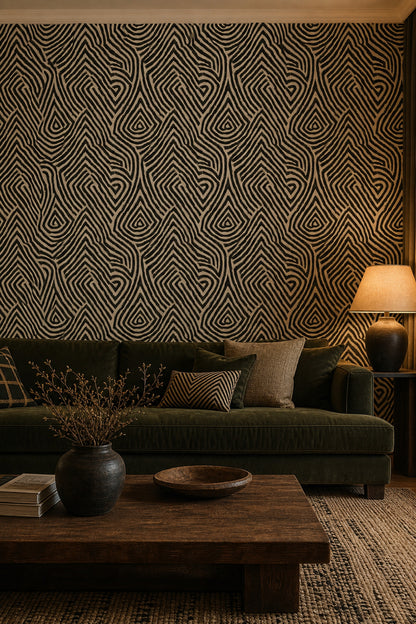 Siyah Bej Geometrik Çizgili Duvar Kağıdı Modern Salon
