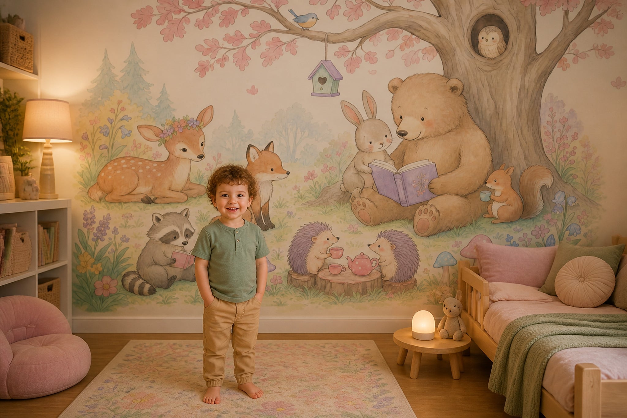 Orman Hayvanlı Poster Duvar Kağıdı Pastel Çocuk Odası Desenli