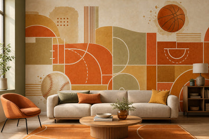 Geometrik Spor Temalı Poster Duvar Kağıdı Turuncu Bej Salon