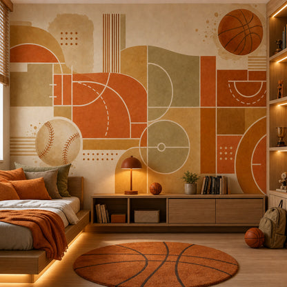 Geometrik Spor Temalı Poster Duvar Kağıdı Turuncu Bej Salon