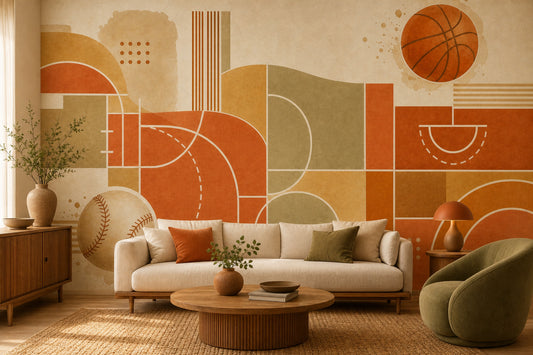 Geometrik Spor Temalı Poster Duvar Kağıdı Turuncu Bej Salon