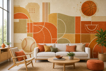 Geometrik Spor Temalı Poster Duvar Kağıdı Turuncu Bej Salon