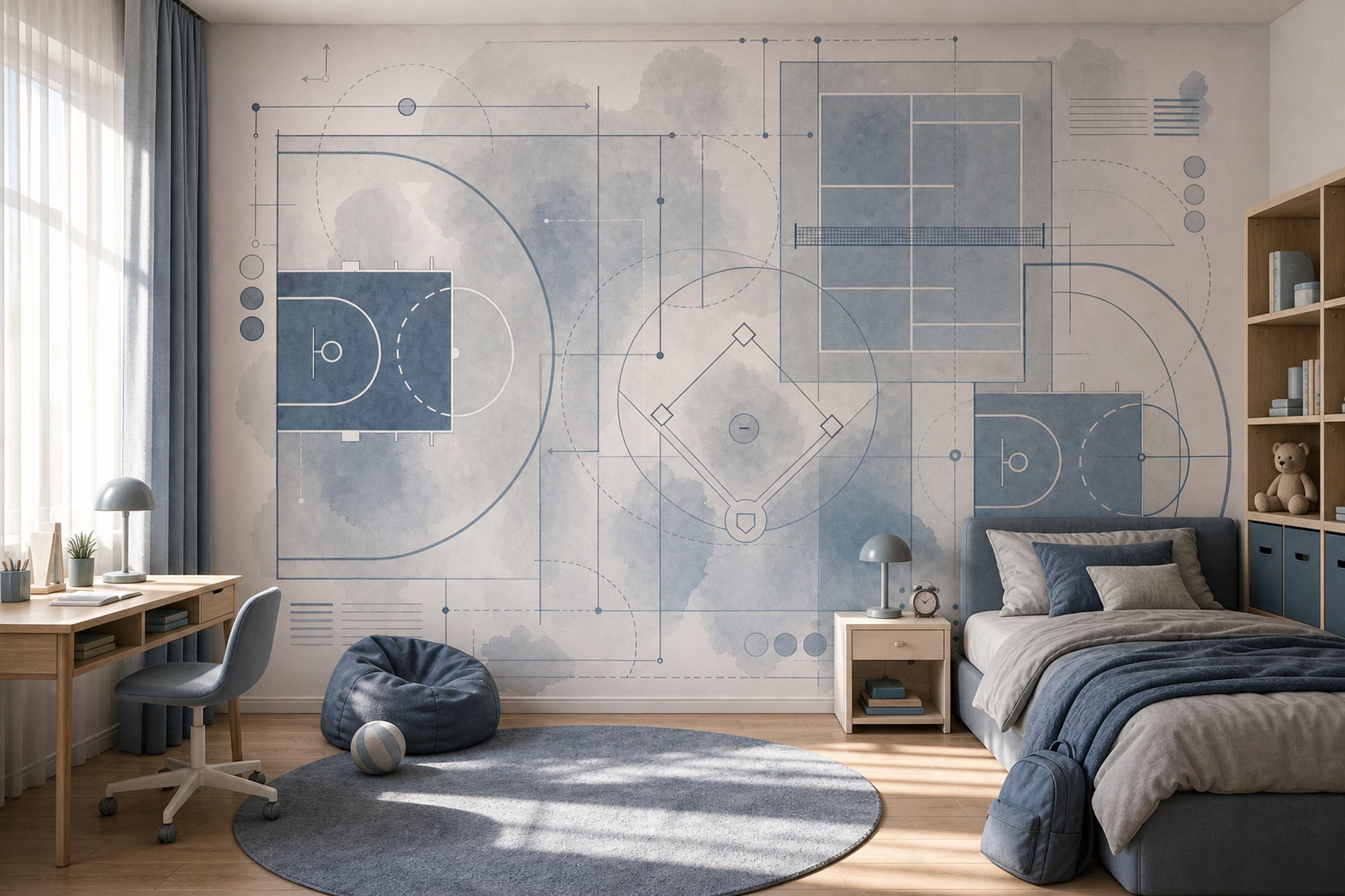 Basketbol Sahası Çizimli Poster Duvar Kağıdı Mavi Gri Genç Odası