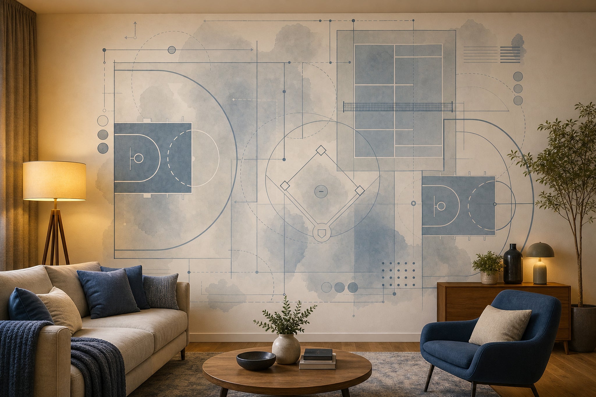 Basketbol Sahası Çizimli Poster Duvar Kağıdı Mavi Gri Genç Odası