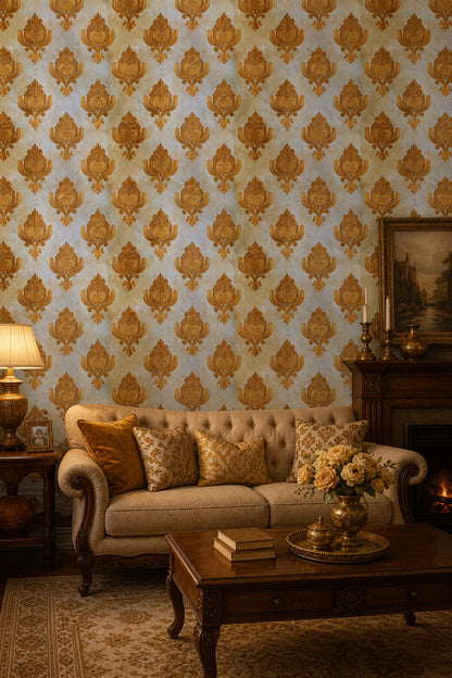 Klasik Damask Duvar Kağıdı Altın Bej Salon Deseni