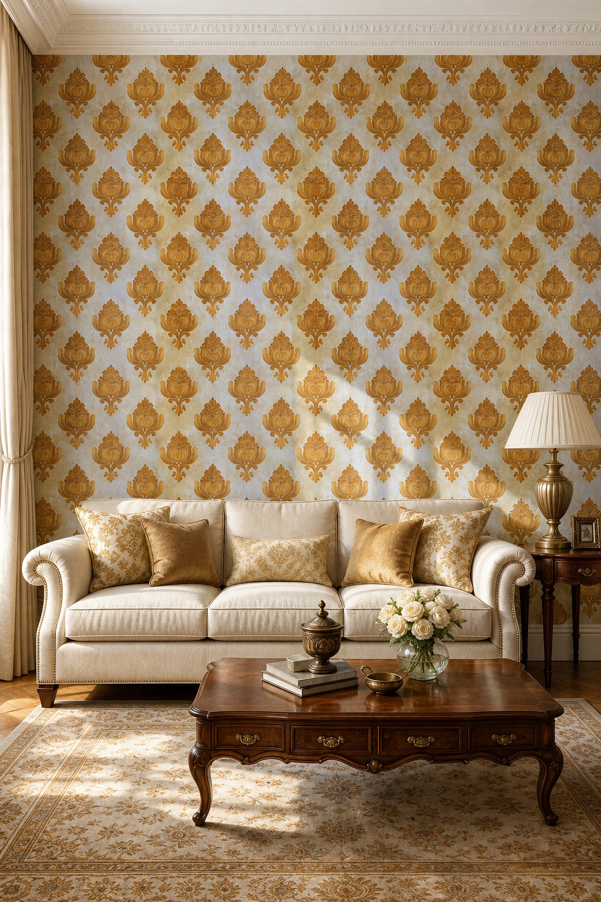 Klasik Damask Duvar Kağıdı Altın Bej Salon Deseni