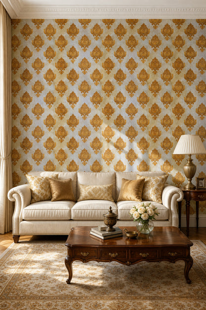 Klasik Damask Duvar Kağıdı Altın Bej Salon Deseni