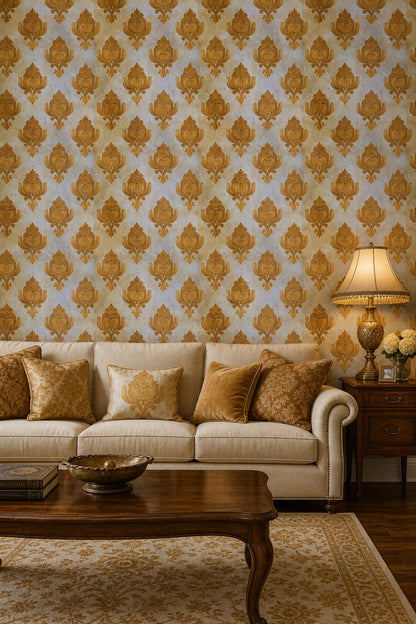 Klasik Damask Duvar Kağıdı Altın Bej Salon Deseni