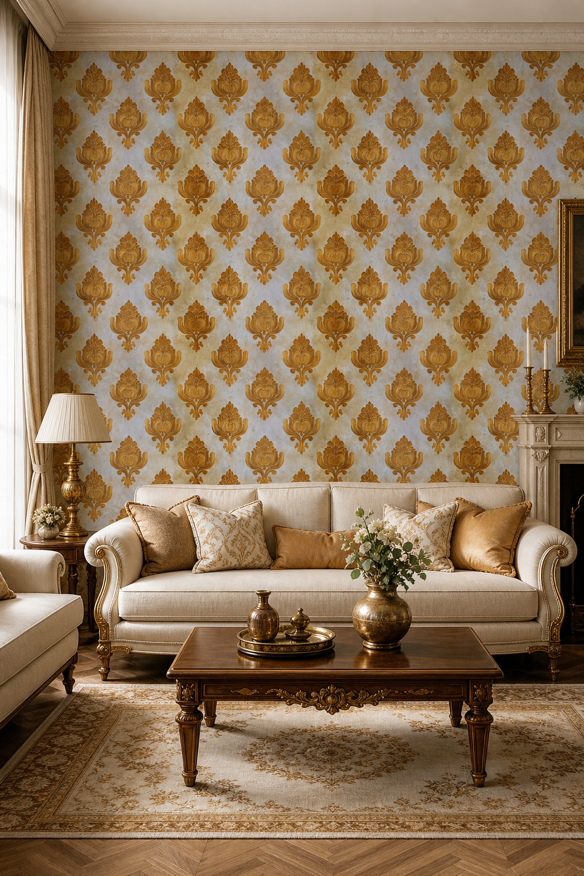 Klasik Damask Duvar Kağıdı Altın Bej Salon Deseni