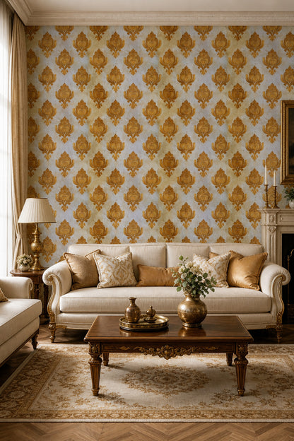 Klasik Damask Duvar Kağıdı Altın Bej Salon Deseni