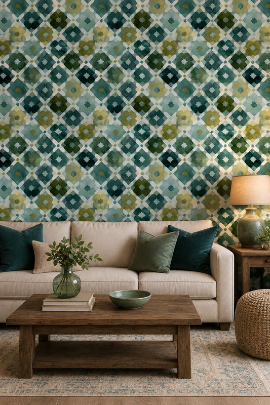 Geometrik Çini Desenli Duvar Kağıdı Yeşil Mavi Salon