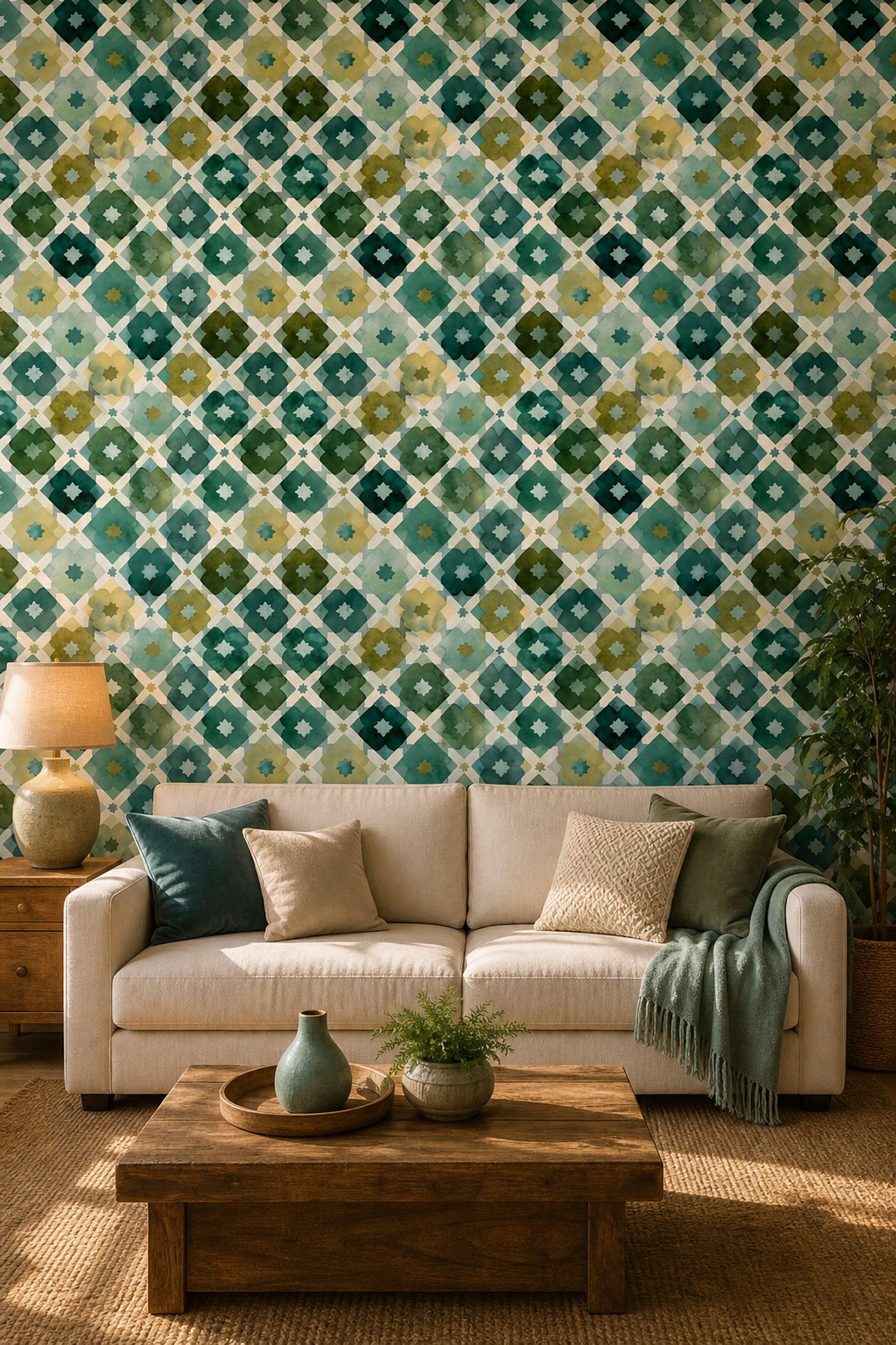Geometrik Çini Desenli Duvar Kağıdı Yeşil Mavi Salon
