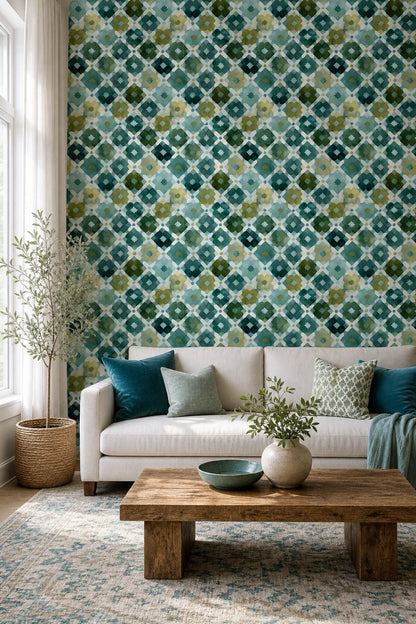 Geometrik Çini Desenli Duvar Kağıdı Yeşil Mavi Salon