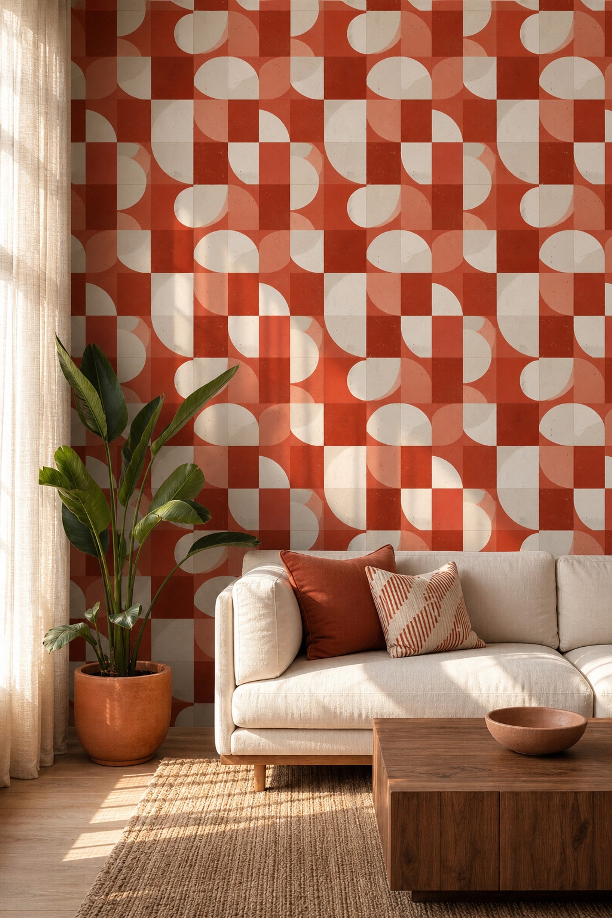Geometrik Kareli Duvar Kağıdı Kiremit ve Krem Salon