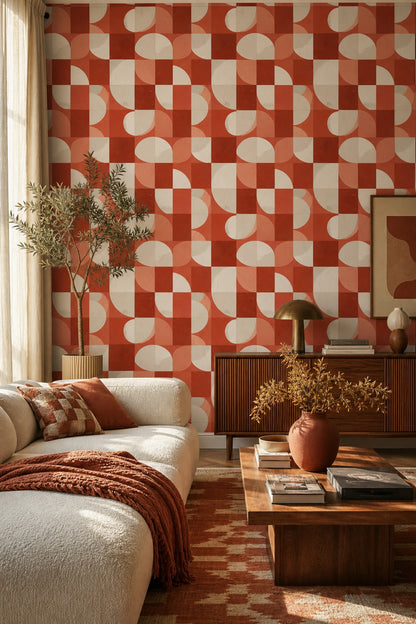 Geometrik Kareli Duvar Kağıdı Kiremit ve Krem Salon