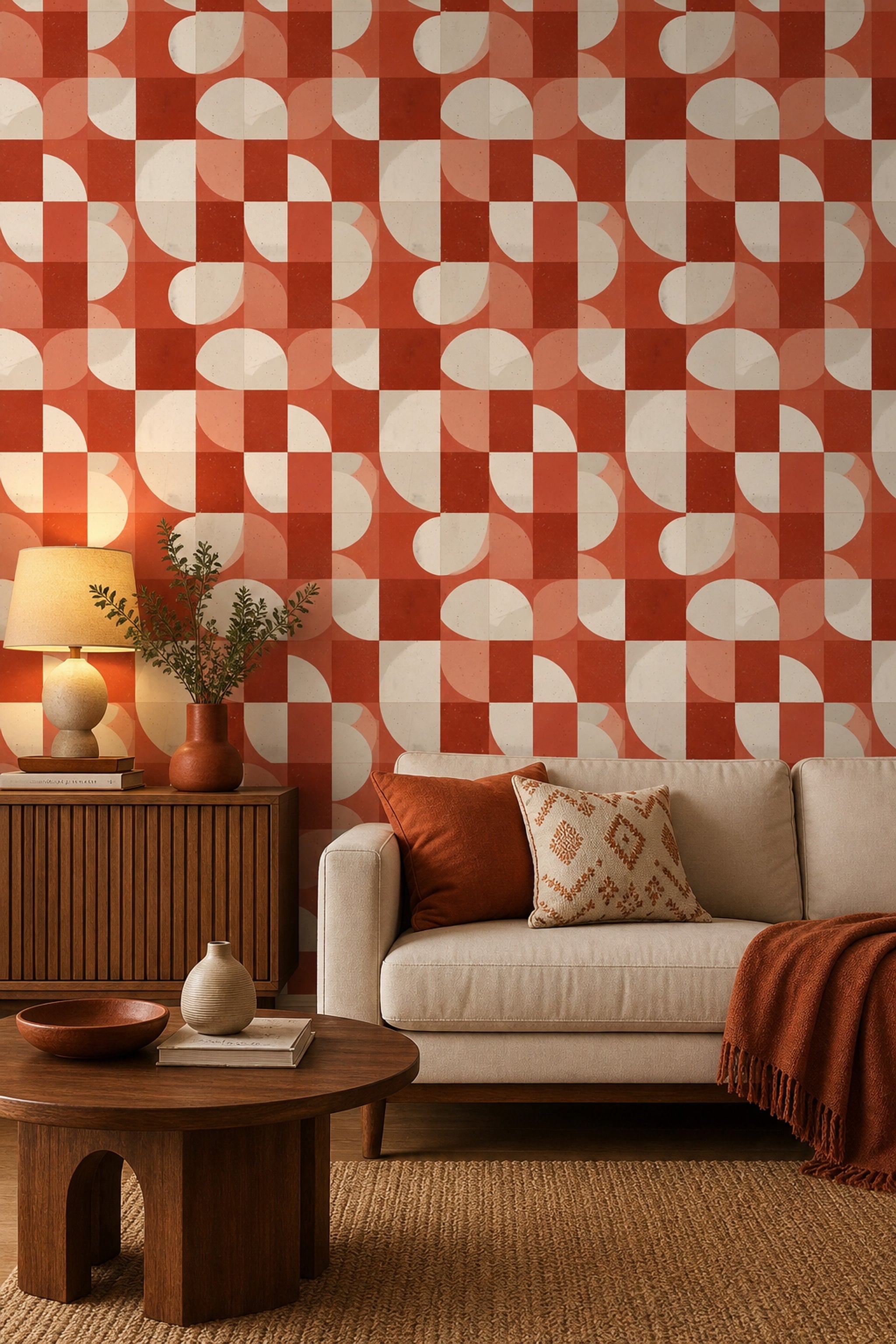 Geometrik Kareli Duvar Kağıdı Kiremit ve Krem Salon
