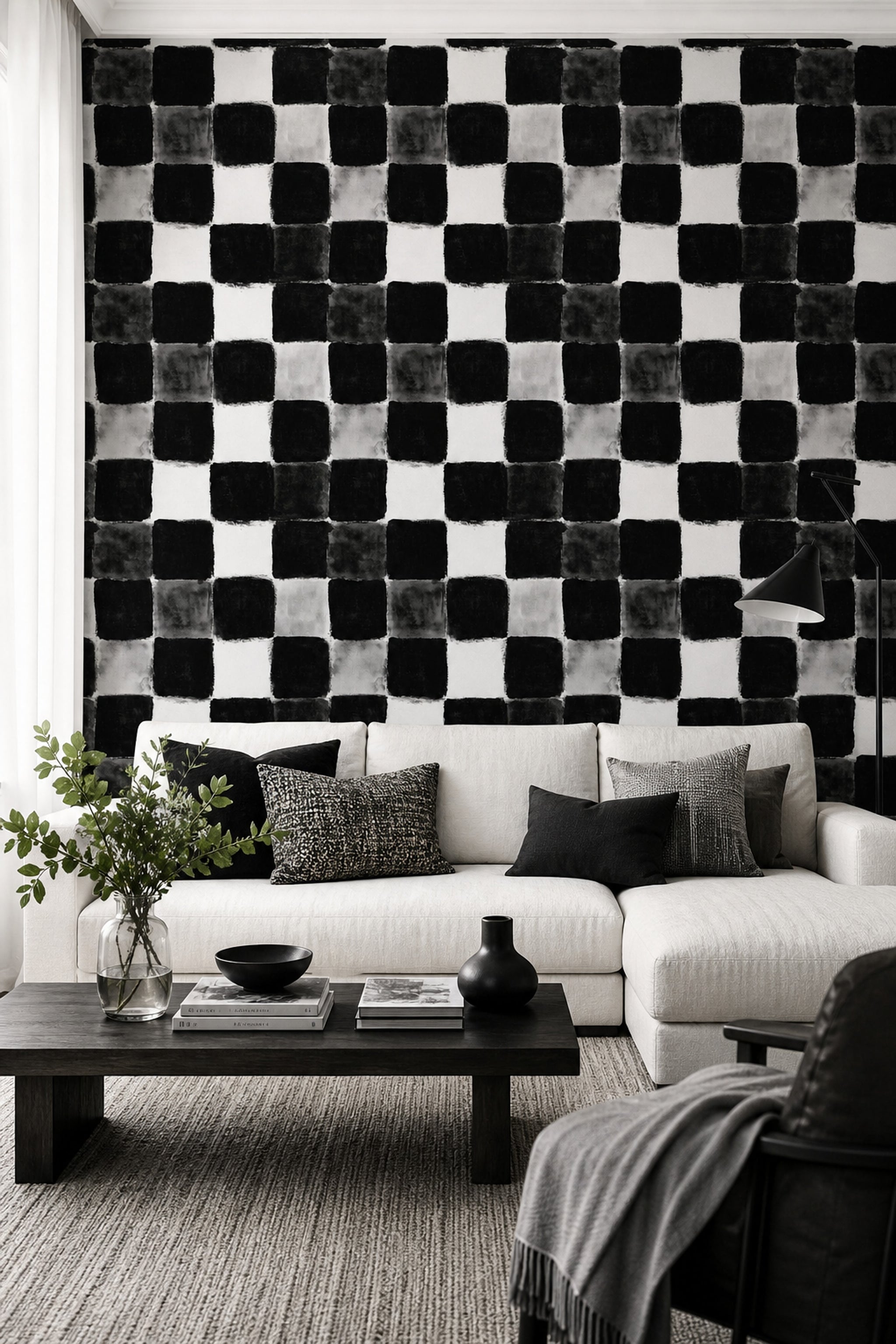 Siyah Beyaz Kareli Duvar Kağıdı Modern Geometrik Desen