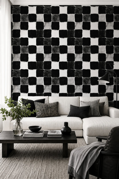 Siyah Beyaz Kareli Duvar Kağıdı Modern Geometrik Desen