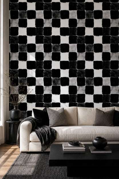 Siyah Beyaz Kareli Duvar Kağıdı Modern Geometrik Desen