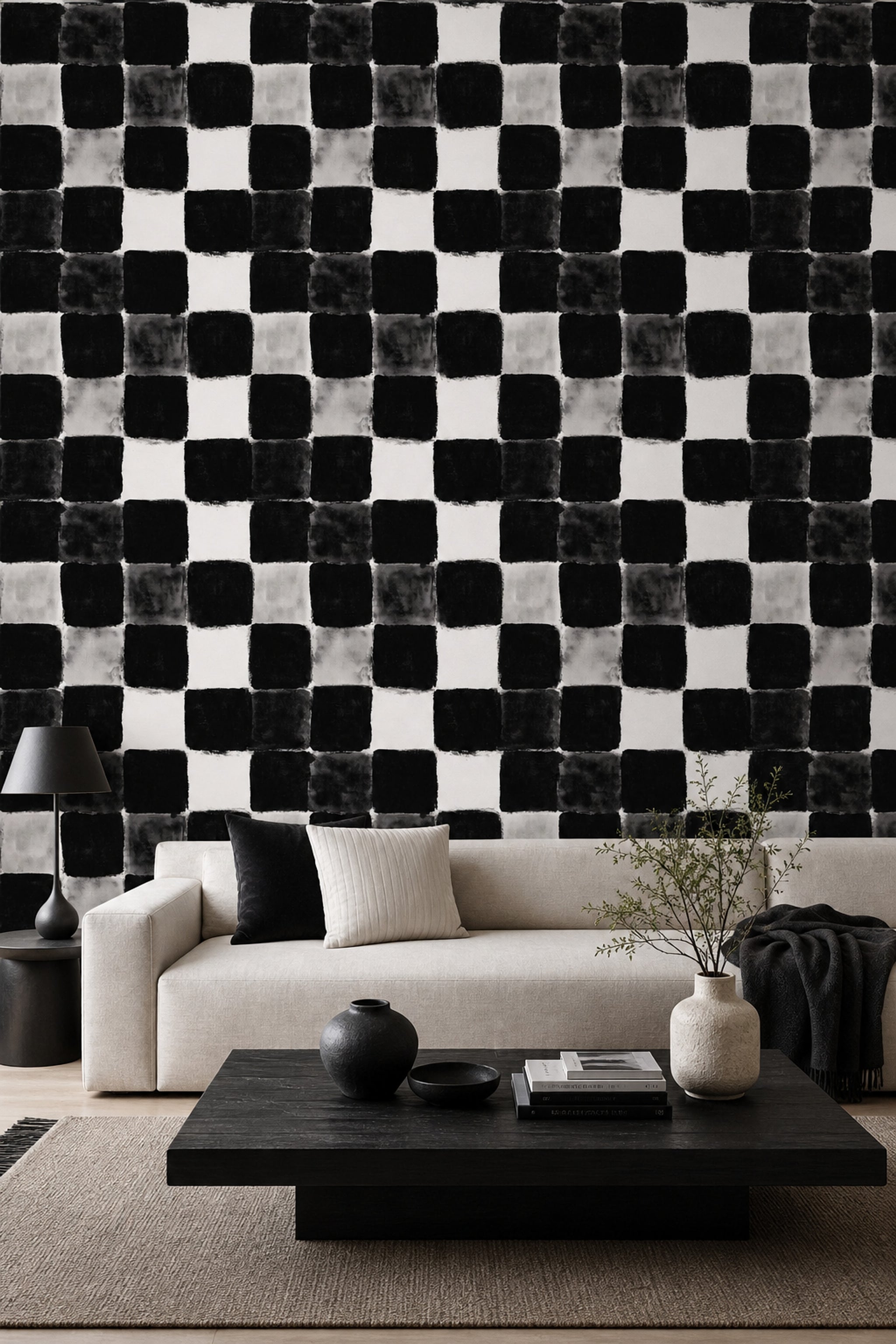 Siyah Beyaz Kareli Duvar Kağıdı Modern Geometrik Desen