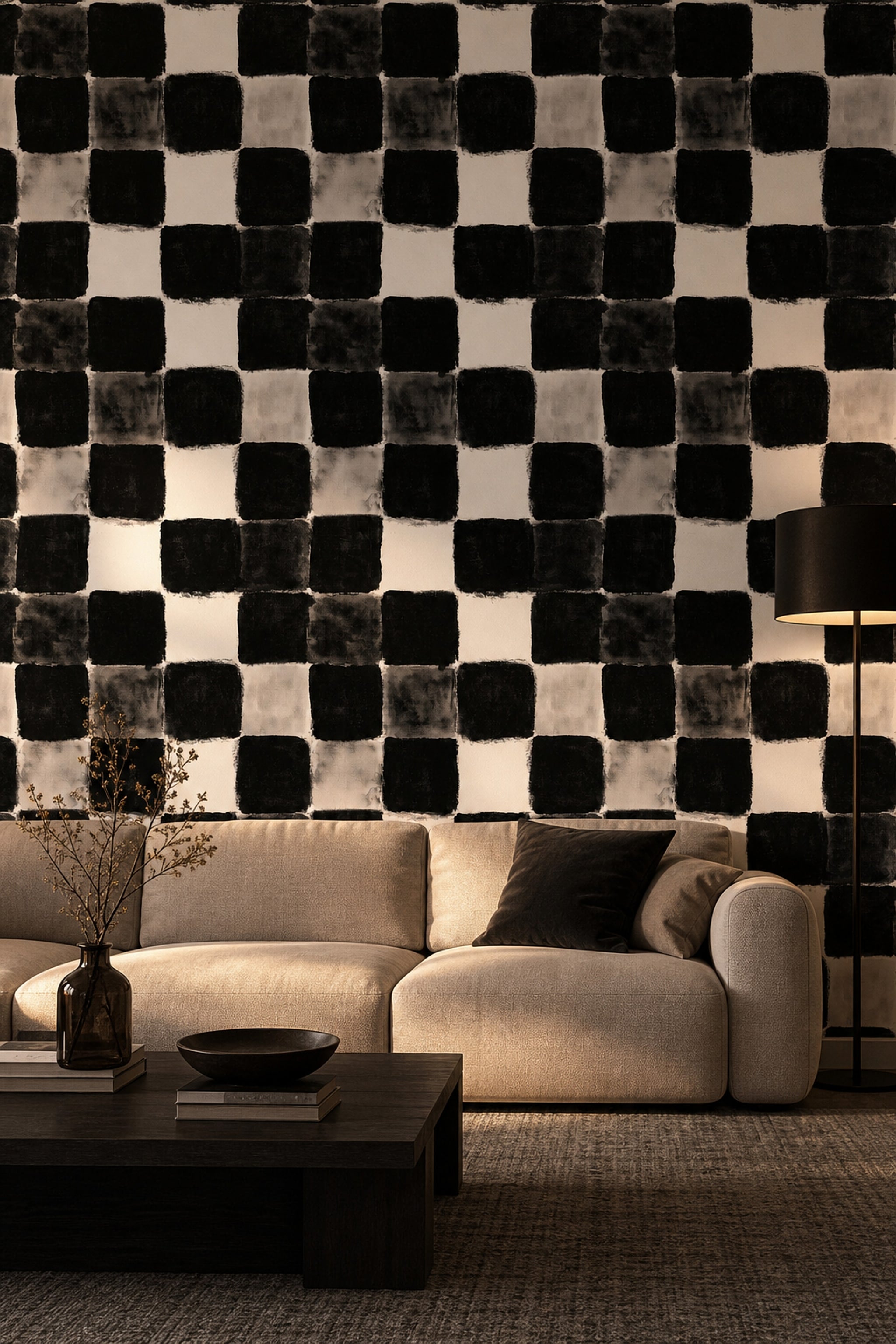 Siyah Beyaz Kareli Duvar Kağıdı Modern Geometrik Desen