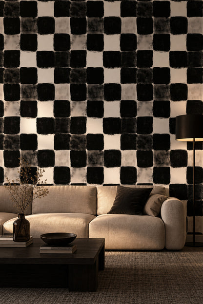 Siyah Beyaz Kareli Duvar Kağıdı Modern Geometrik Desen