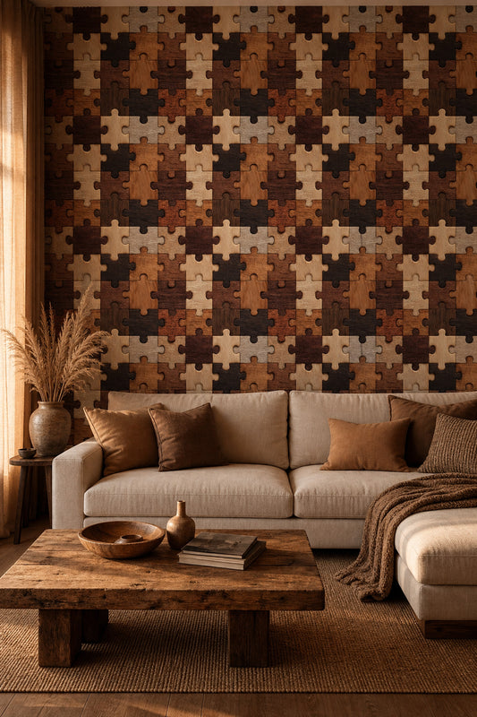 Ahşap Puzzle Desenli Duvar Kağıdı Kahverengi Salon Duvarı
