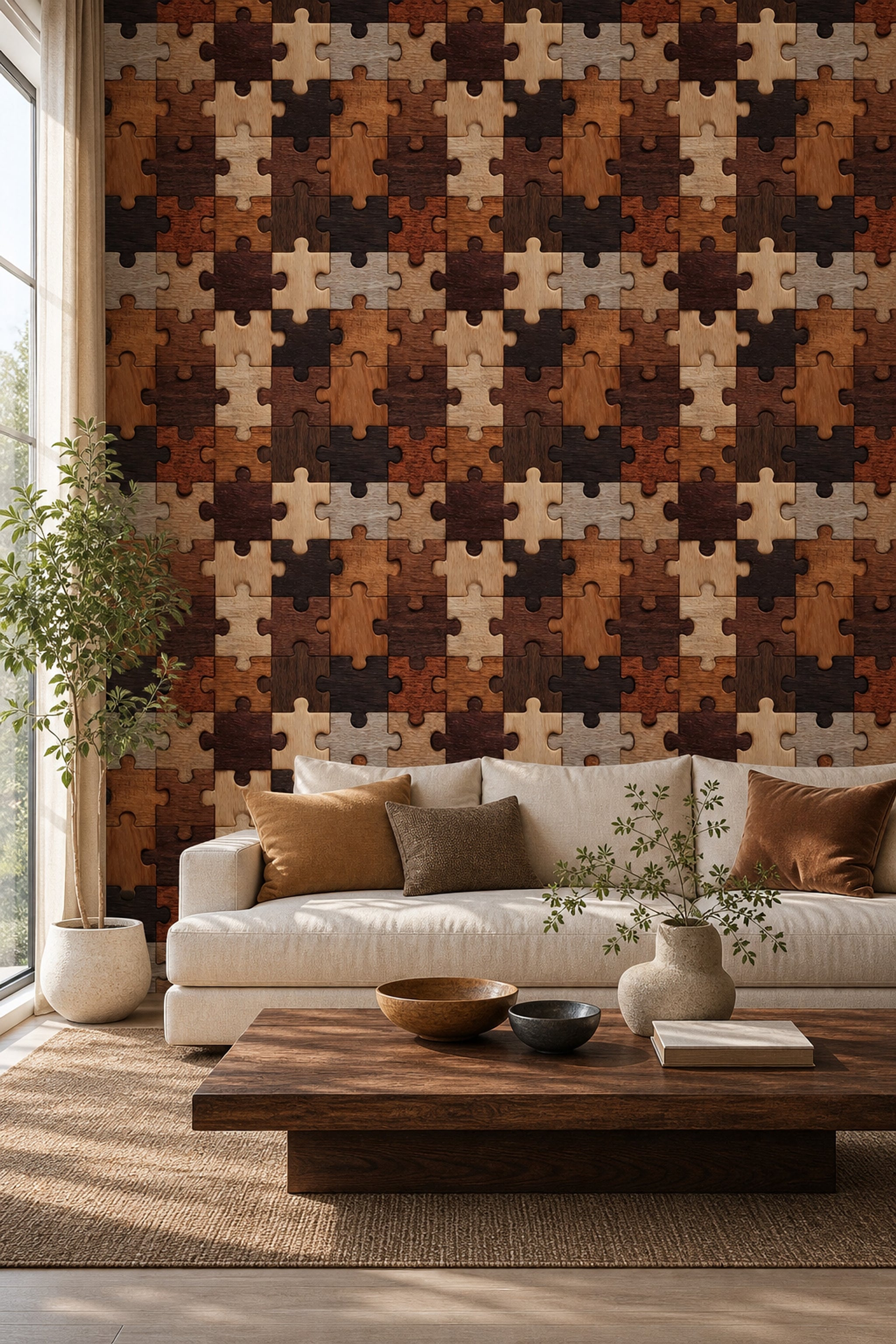 Ahşap Puzzle Desenli Duvar Kağıdı Kahverengi Salon Duvarı