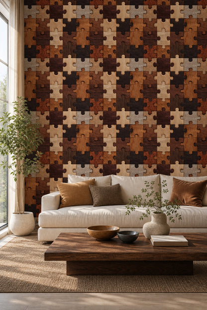 Ahşap Puzzle Desenli Duvar Kağıdı Kahverengi Salon Duvarı
