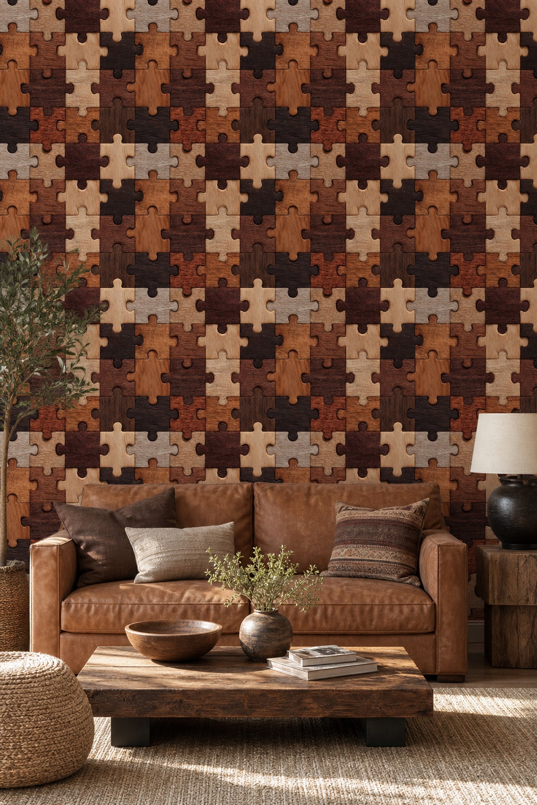 Ahşap Puzzle Desenli Duvar Kağıdı Kahverengi Salon Duvarı