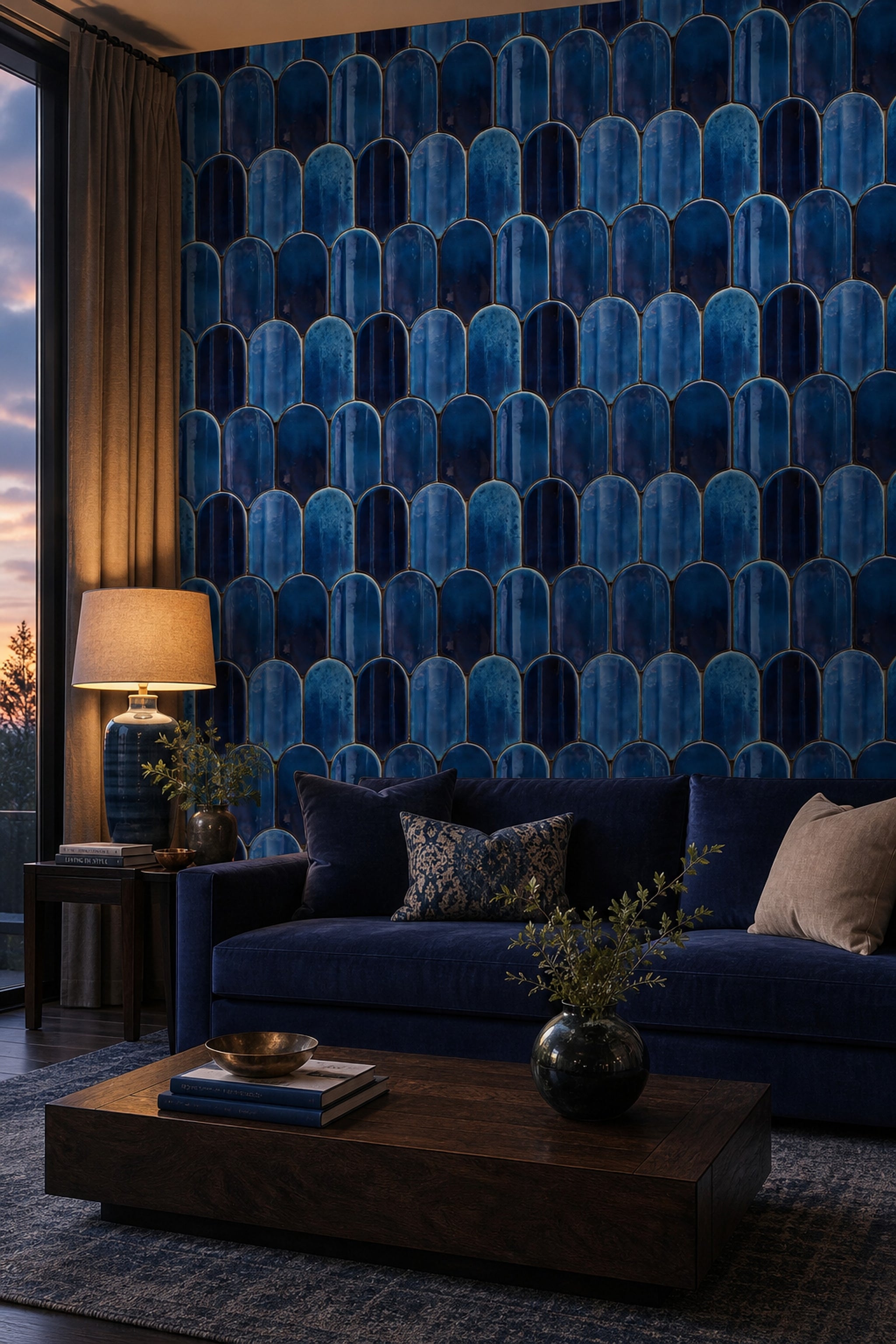 Mavi Seramik Karo Desenli Duvar Kağıdı Modern Salon