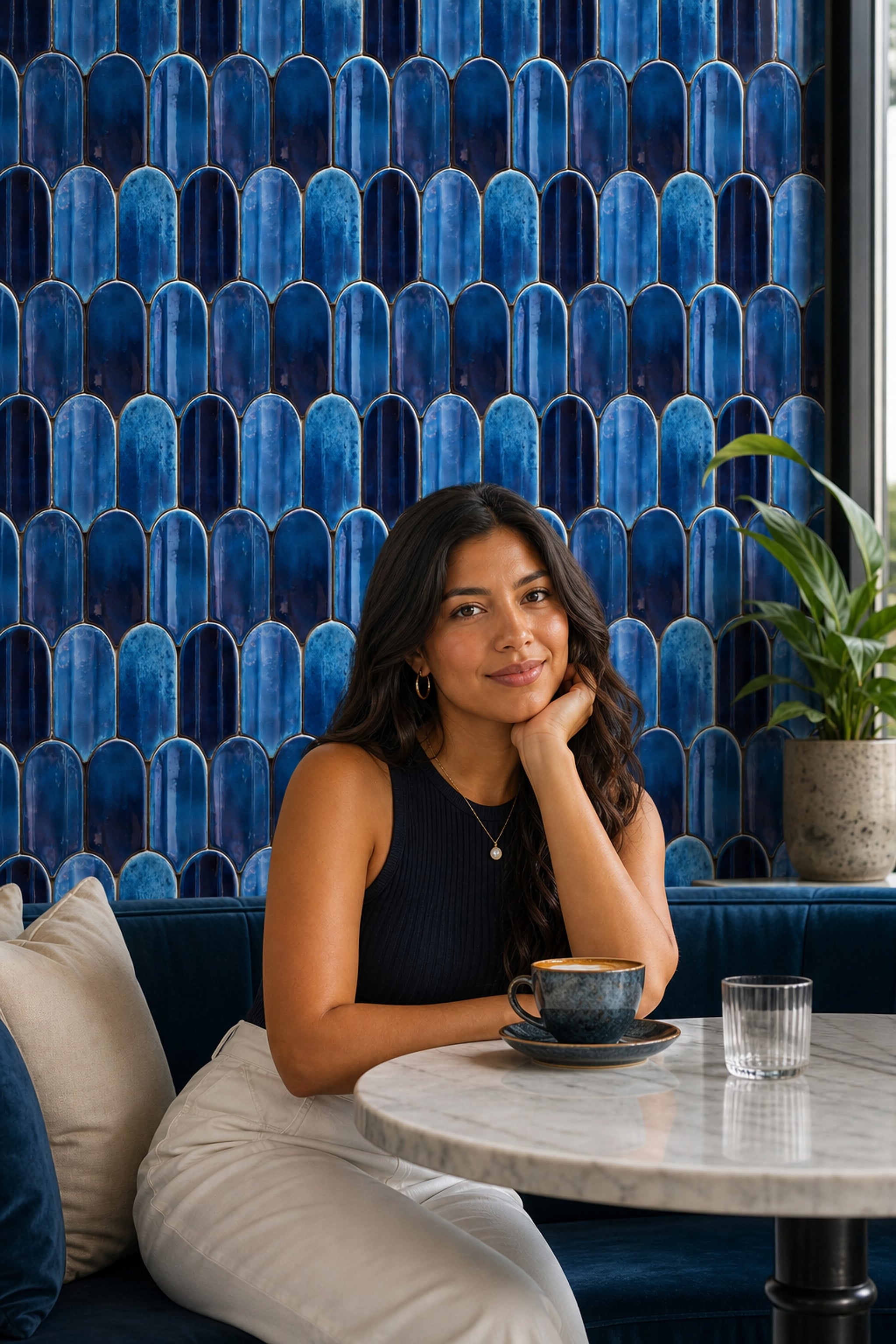 Mavi Seramik Karo Desenli Duvar Kağıdı Modern Salon