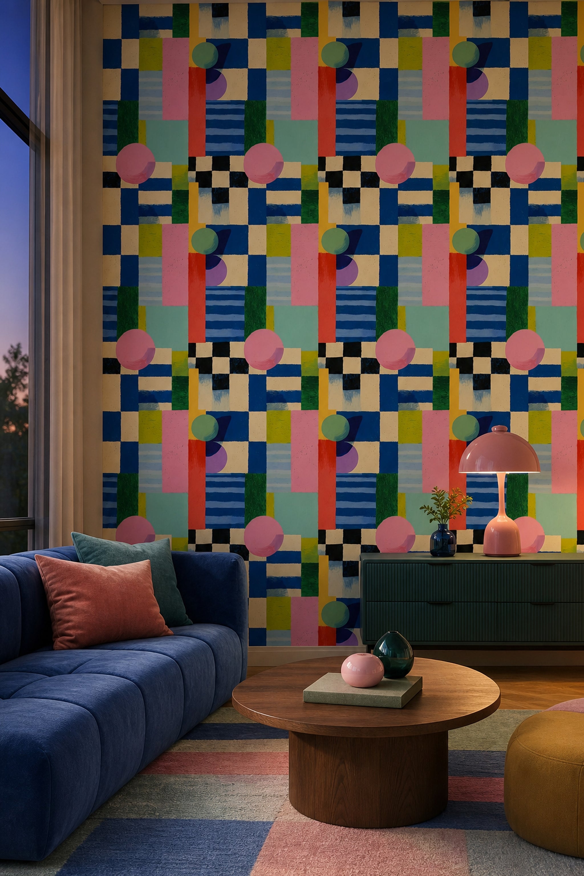 Soyut Geometrik Duvar Kağıdı Mavi Kareli Salon Deseni