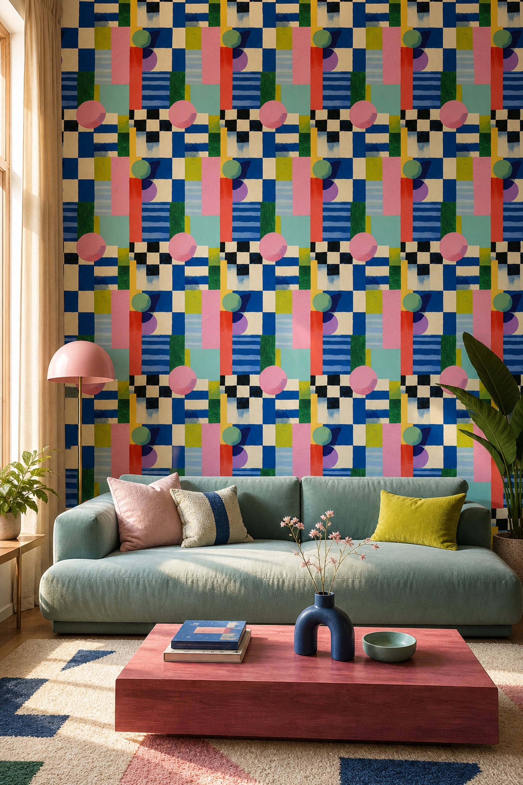 Soyut Geometrik Duvar Kağıdı Mavi Kareli Salon Deseni