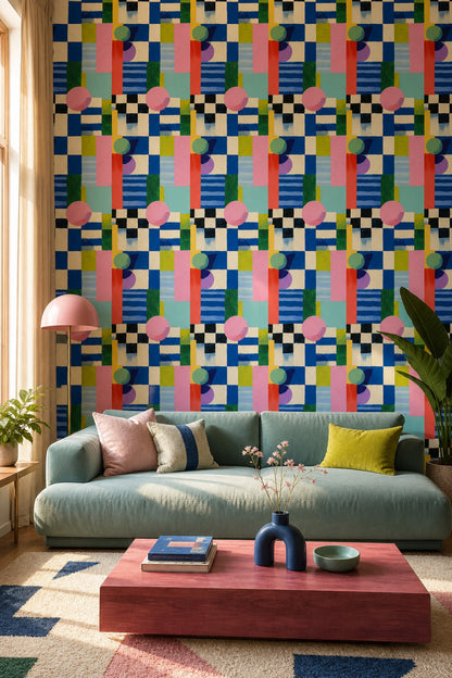 Soyut Geometrik Duvar Kağıdı Mavi Kareli Salon Deseni
