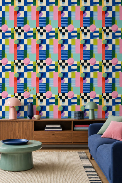 Soyut Geometrik Duvar Kağıdı Mavi Kareli Salon Deseni