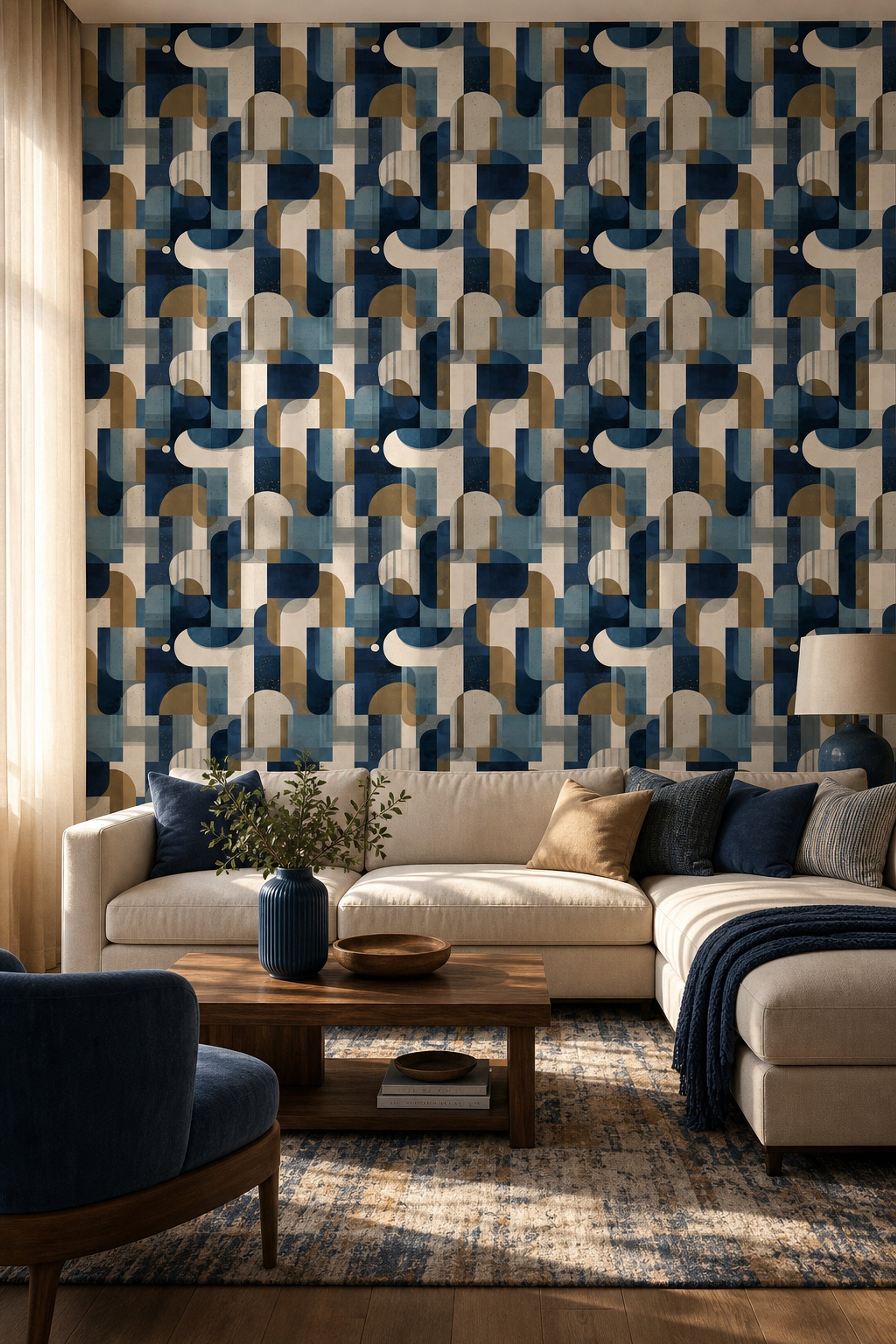 Geometrik Retro Desenli Duvar Kağıdı Lacivert Bej Salon