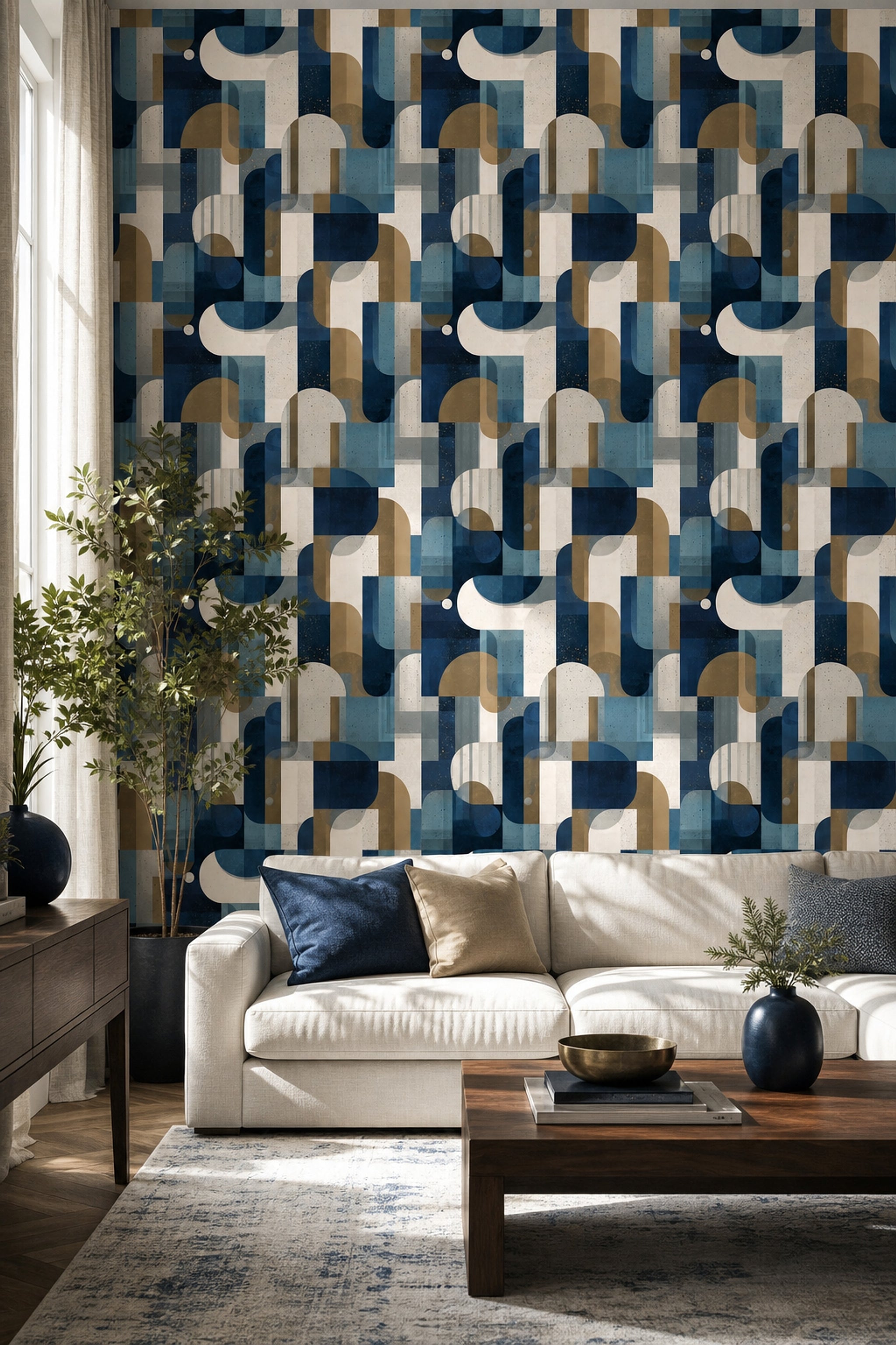 Geometrik Retro Desenli Duvar Kağıdı Lacivert Bej Salon