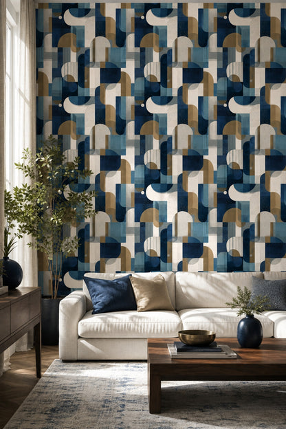 Geometrik Retro Desenli Duvar Kağıdı Lacivert Bej Salon