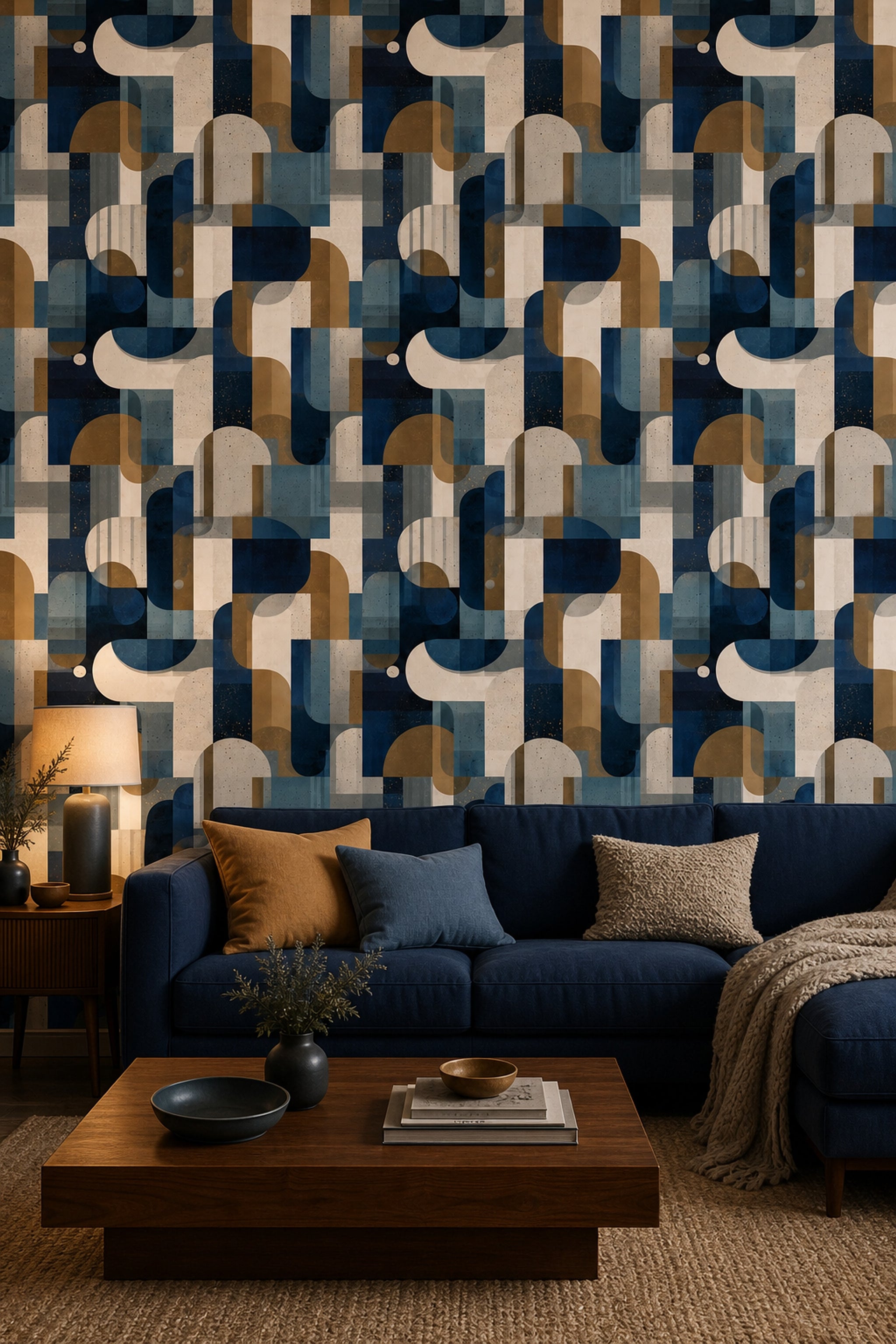 Geometrik Retro Desenli Duvar Kağıdı Lacivert Bej Salon
