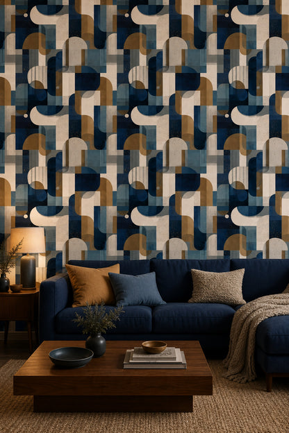 Geometrik Retro Desenli Duvar Kağıdı Lacivert Bej Salon