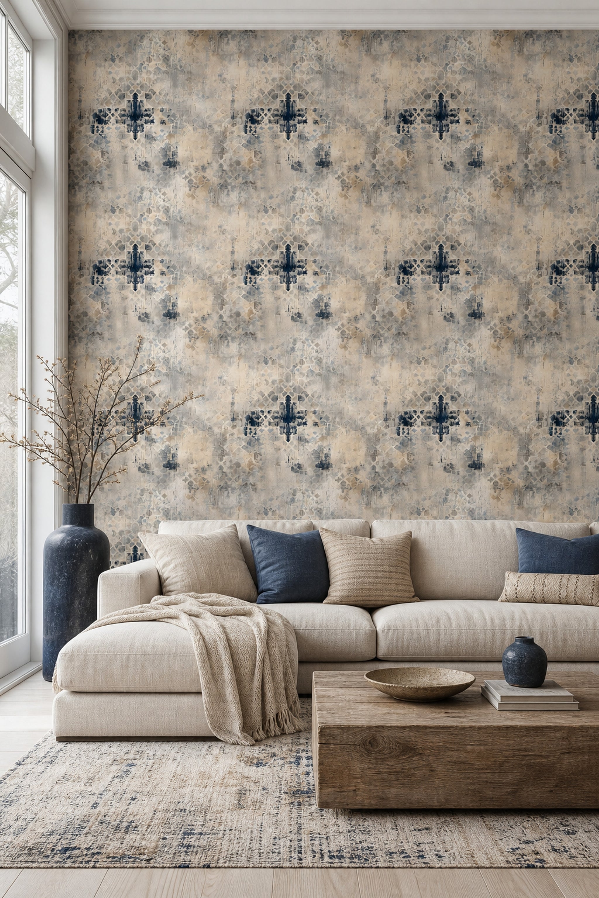 Etnik Geometrik Duvar Kağıdı Bej Lacivert Desenli Salon