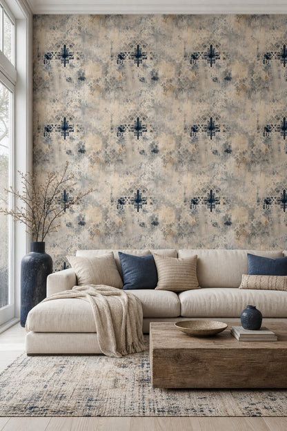 Etnik Geometrik Duvar Kağıdı Bej Lacivert Desenli Salon